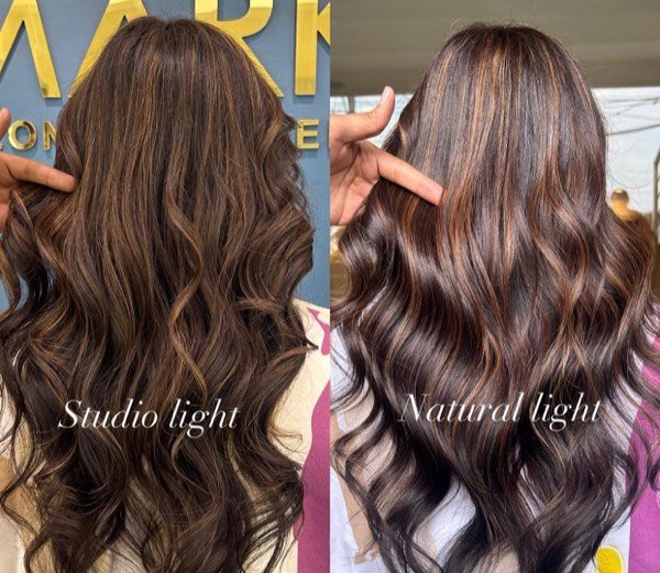 Brunette hair colour shown in studio light and natural light
