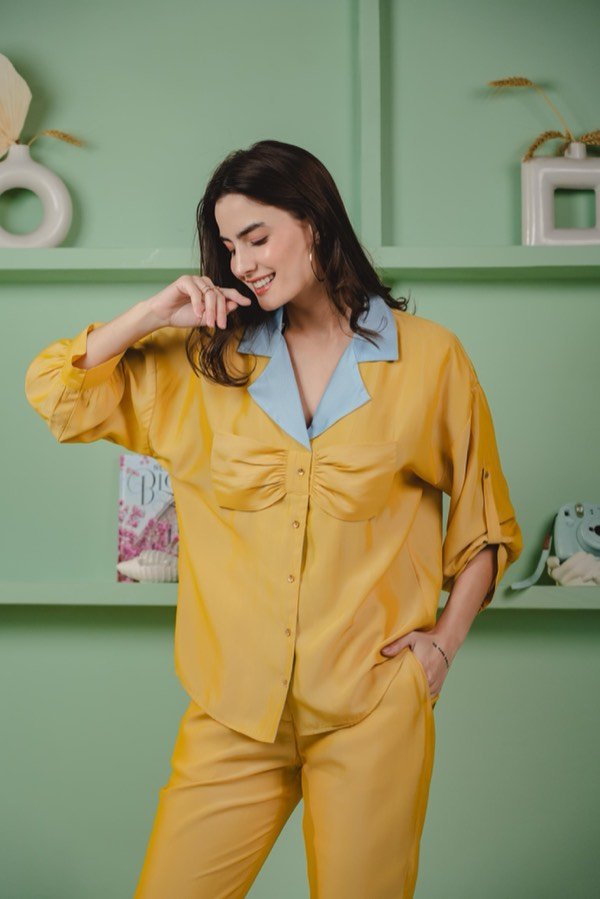 Editorial look in a mustard co-ord set